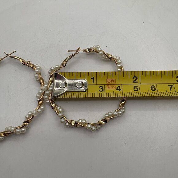 Lot Os 3 Pair Gold Tone Hoop Earrings Faux Pear Accents Large Statement - Picture 3 of 7